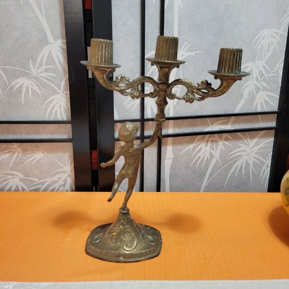 Matching Pair of Vintage Brass Cherub Candelabras - Candlestick Holders - Picture 13 of 15